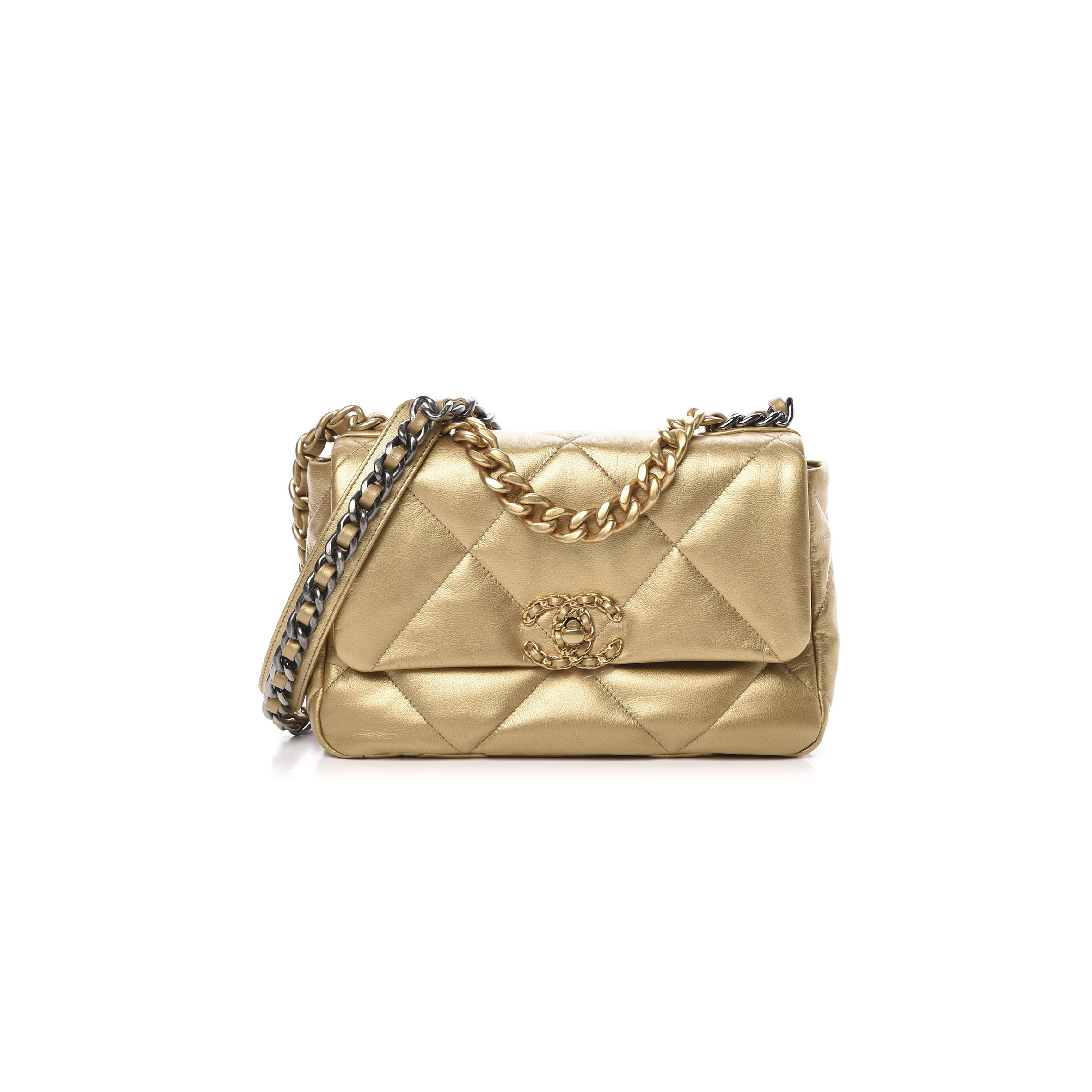 CHANEL 19 FLAP METALLIC GOATSKIN QUILTED MEDIUM GOLD AS0060 (26*16*9cm)